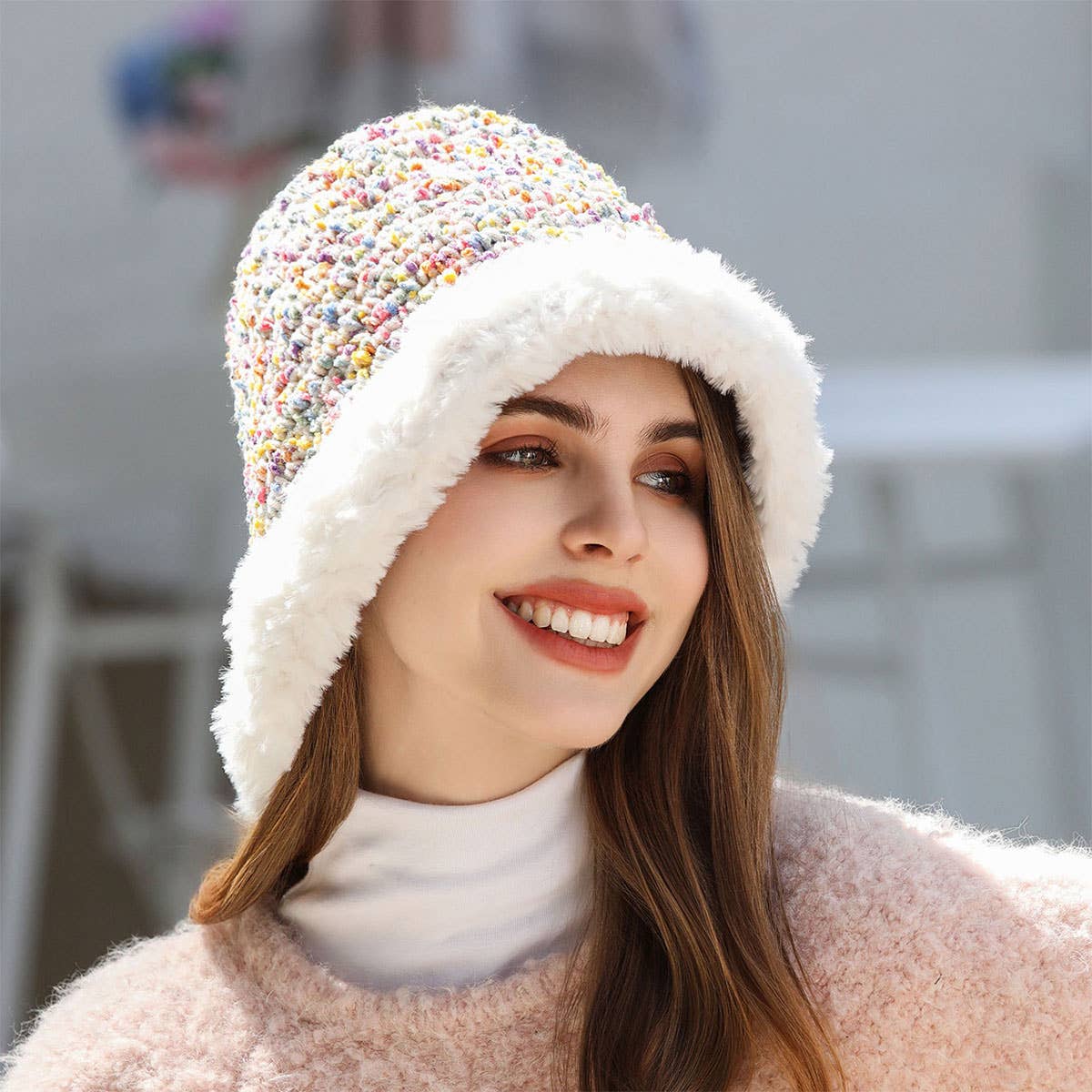 RAINBOW KNIT BEANIE COZY KNITTED BUCKET HAT_CWAH1981