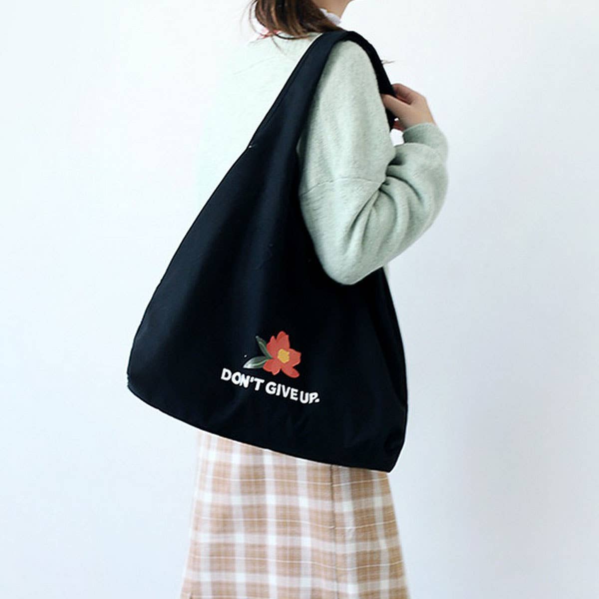 Floral Cotton Canvas Tote Bag with Wide Strap_CWAB5657