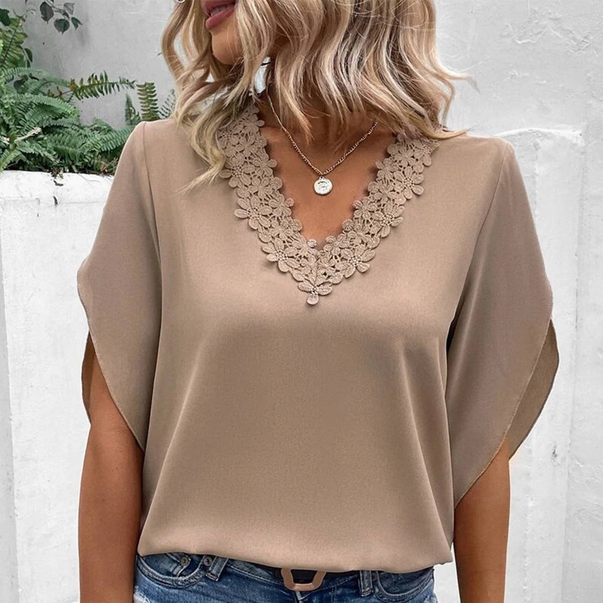 SOLID LACE V-NECK FLARED SLEEVES LOOSE BLOUSE