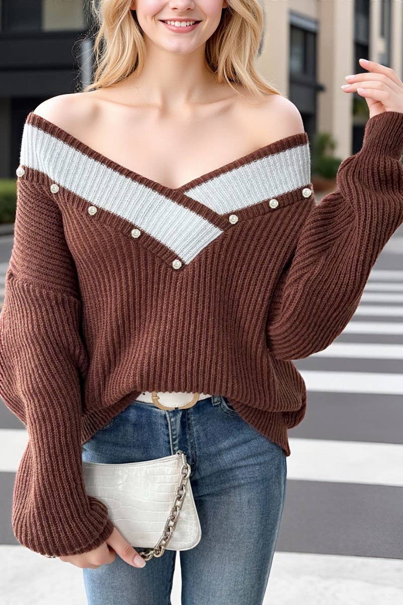 CWOSWL07387_WOMEN PEARL EMBELLISHED V NECK KNIT SWEATER