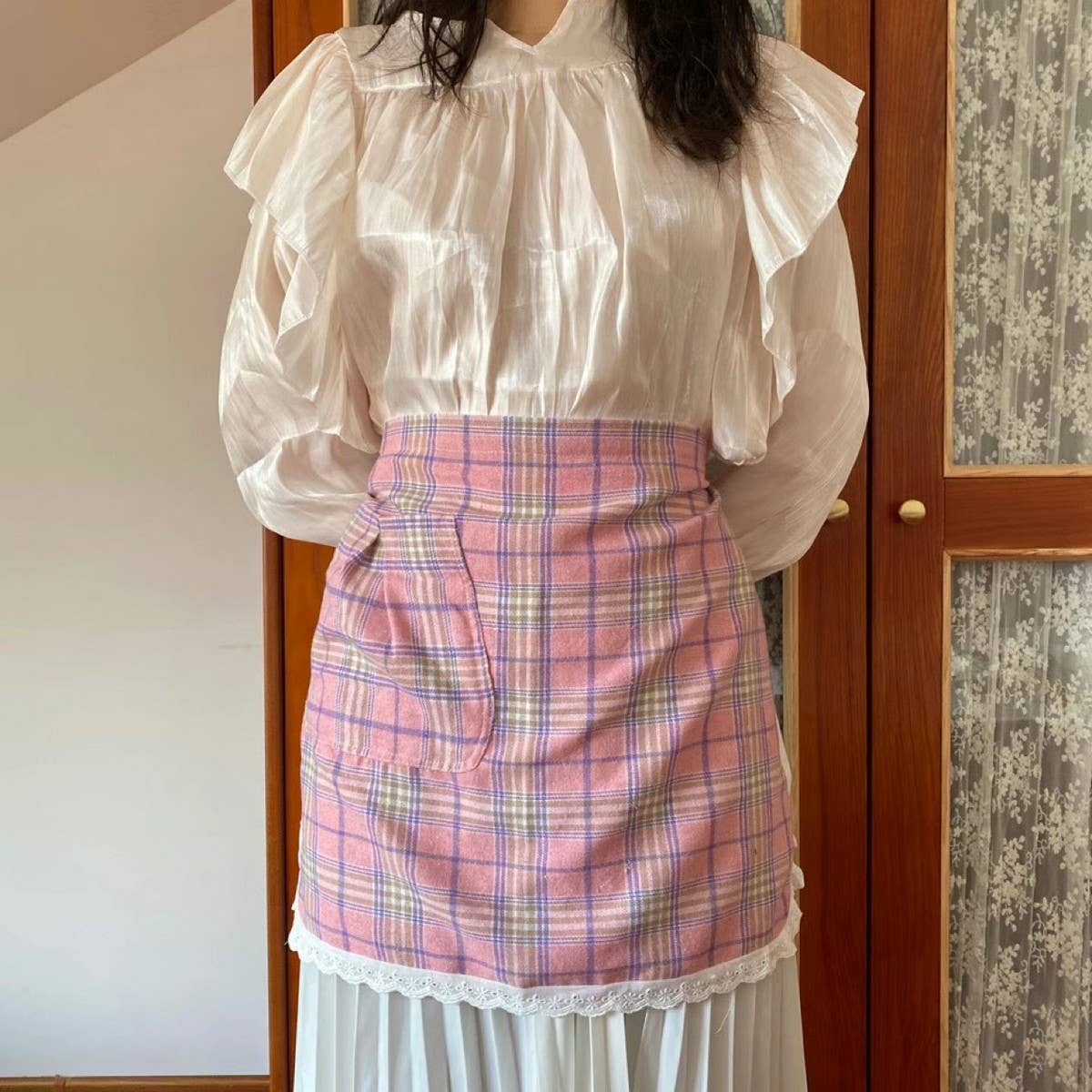 PLAID HALF-LENGTH COTTON LACE APRON_CWMM5837
