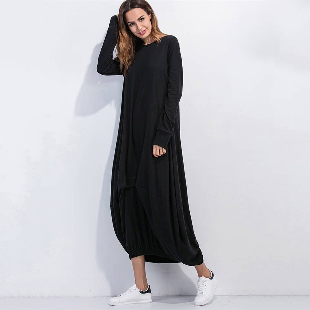 SOLID COLOR ROUND NECK LANTERN SKIRT DRESS