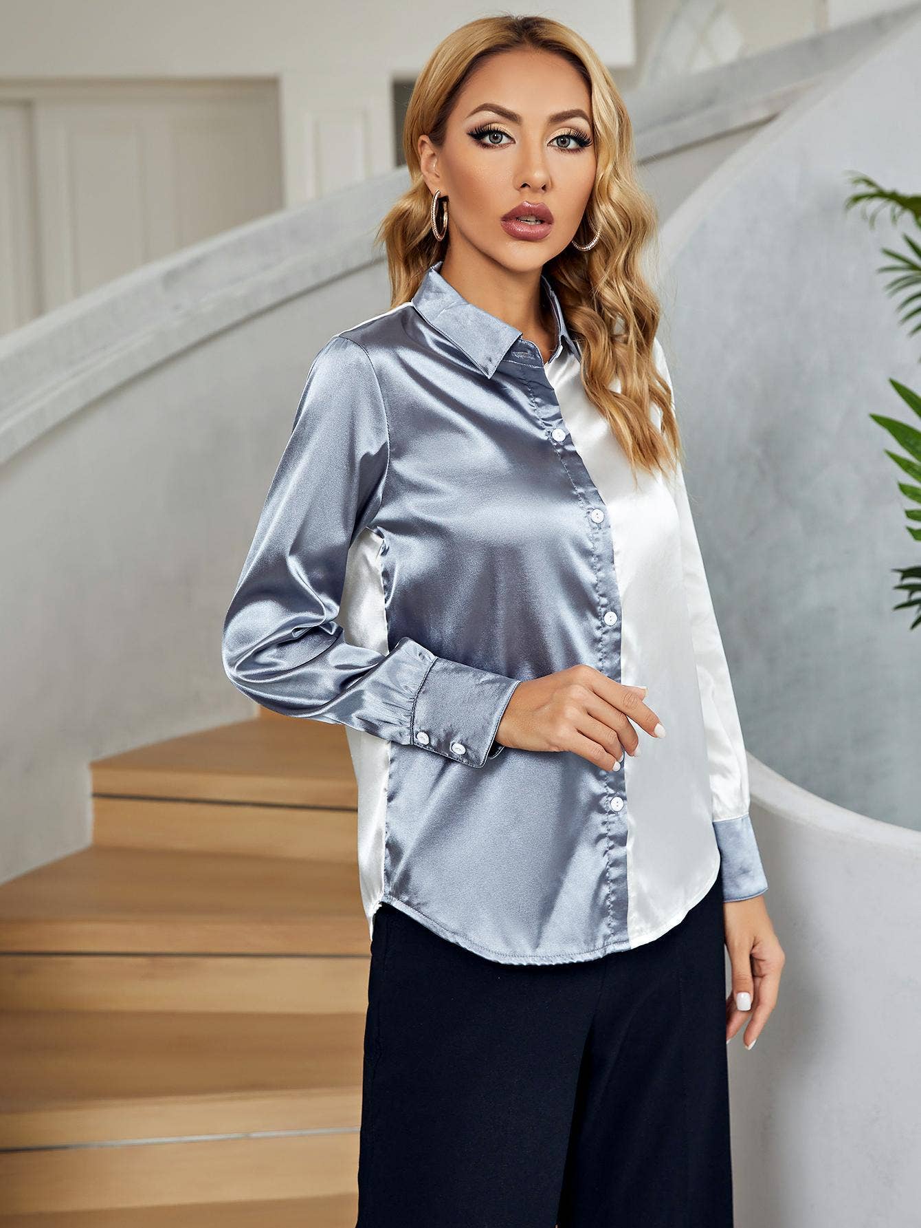 IMITATION SILK LONG SLEEVE COLOR SHIRT
