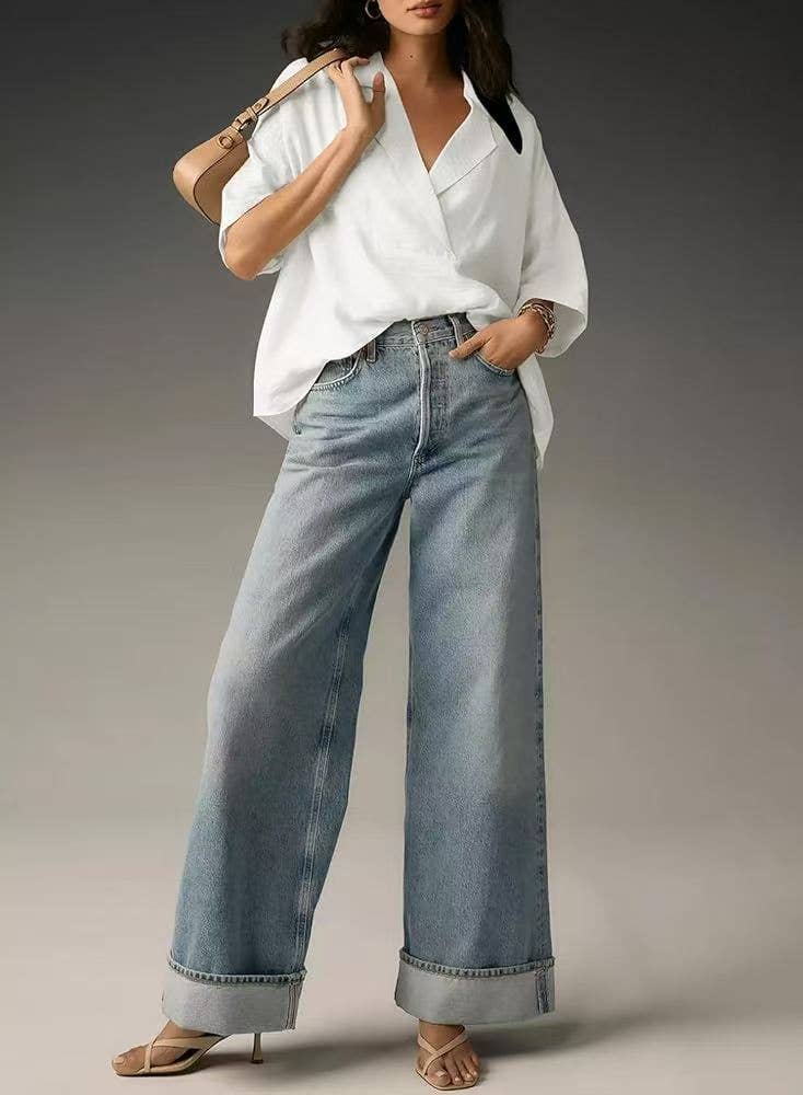 V-neck casual loose solid-color shirt