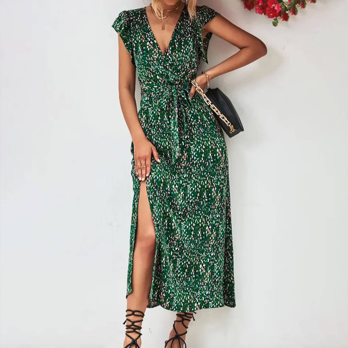 WOMEN V NECK SPLIT PRINT DRESS_CWDSD2622
