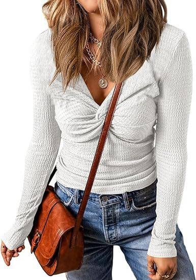 LONG SLEEVE FASHION TWIST SEXY LOW V-NECK TOP