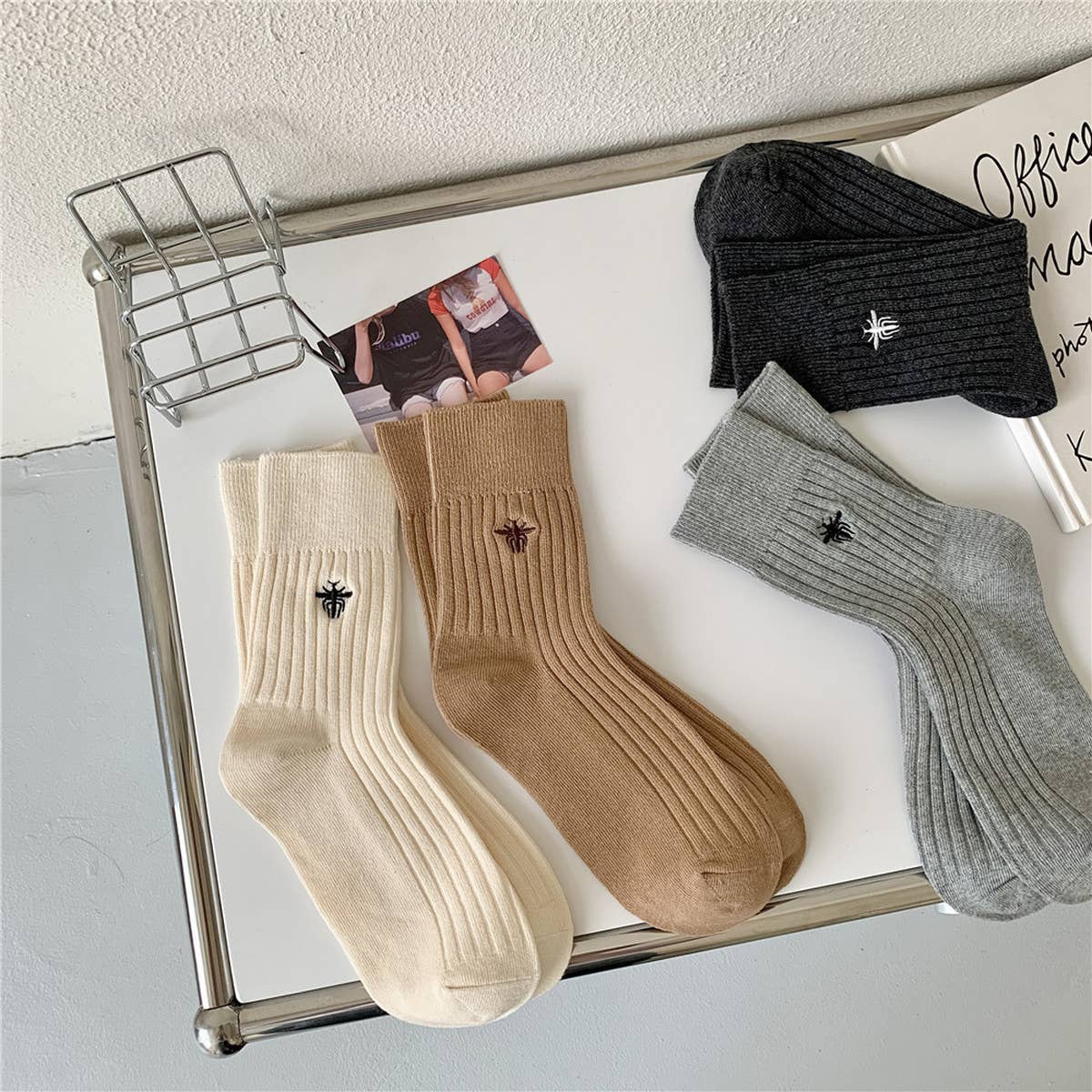 EMBROIDERED MID-CALF VERTICAL KNITTED PILE SOCKS