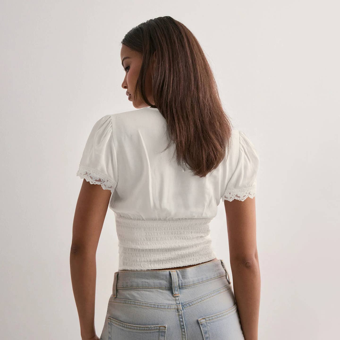 Lace patchwork breasted short-sleeved T-shirt