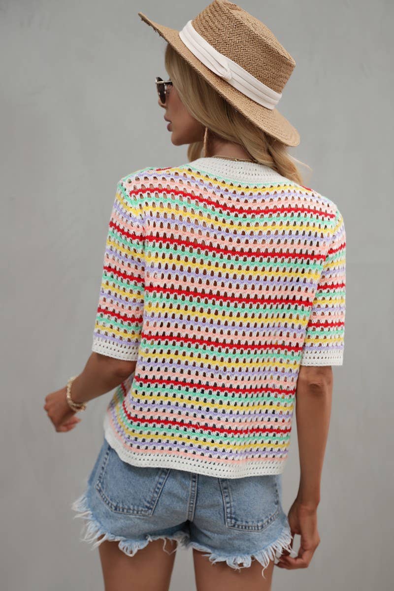 Cwtts0736_Crochet Short Sleeve Pullover Sweater