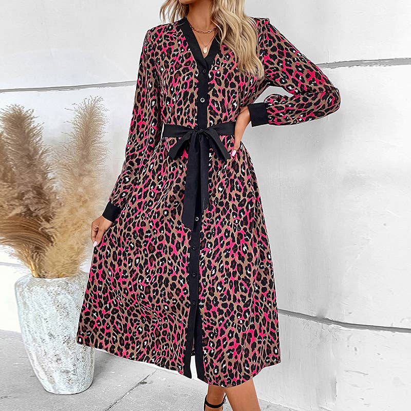 FASHION LOOSE LEOPARD PRINT SINGLE-BREASTED DRESS