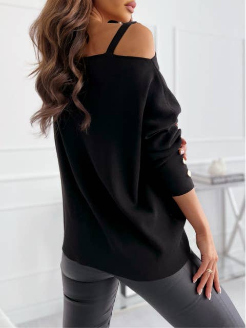 SEXY CHAIN BUTTON EMBELLISHED LONG-SLEEVED TOP