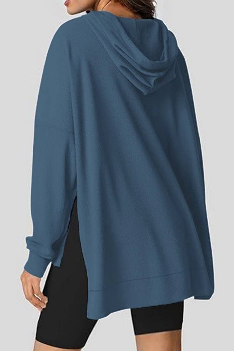 CWOHOL00633_RELAXED WAFFLE KNIT SIDE SLIT HOODED PULLOVER