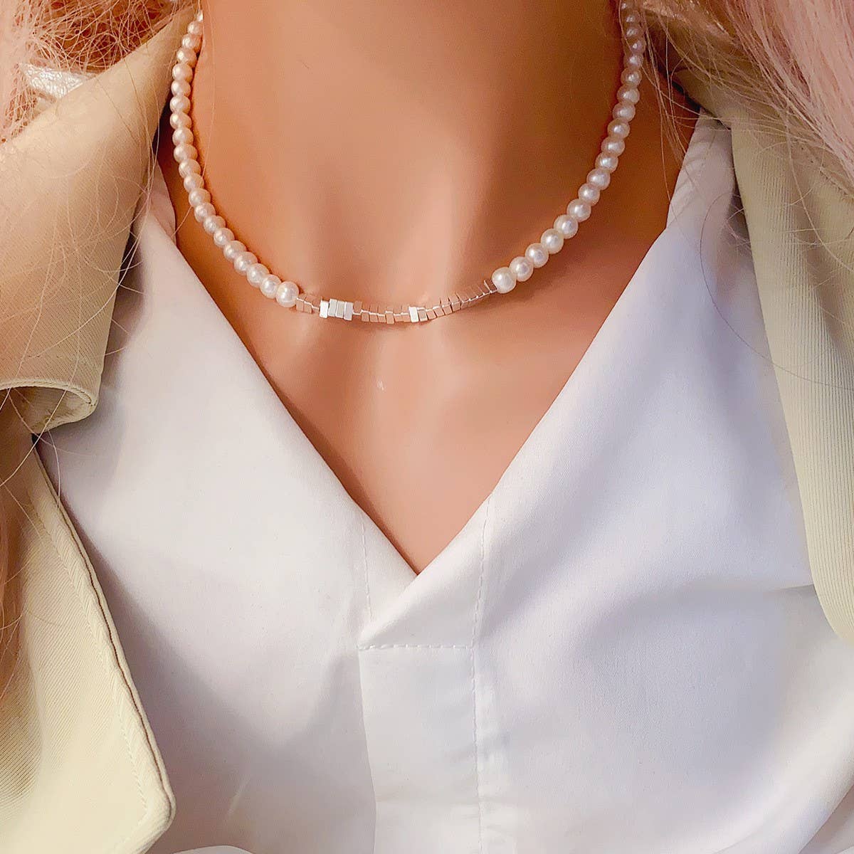 Broken silver beads pearl collarbone chain