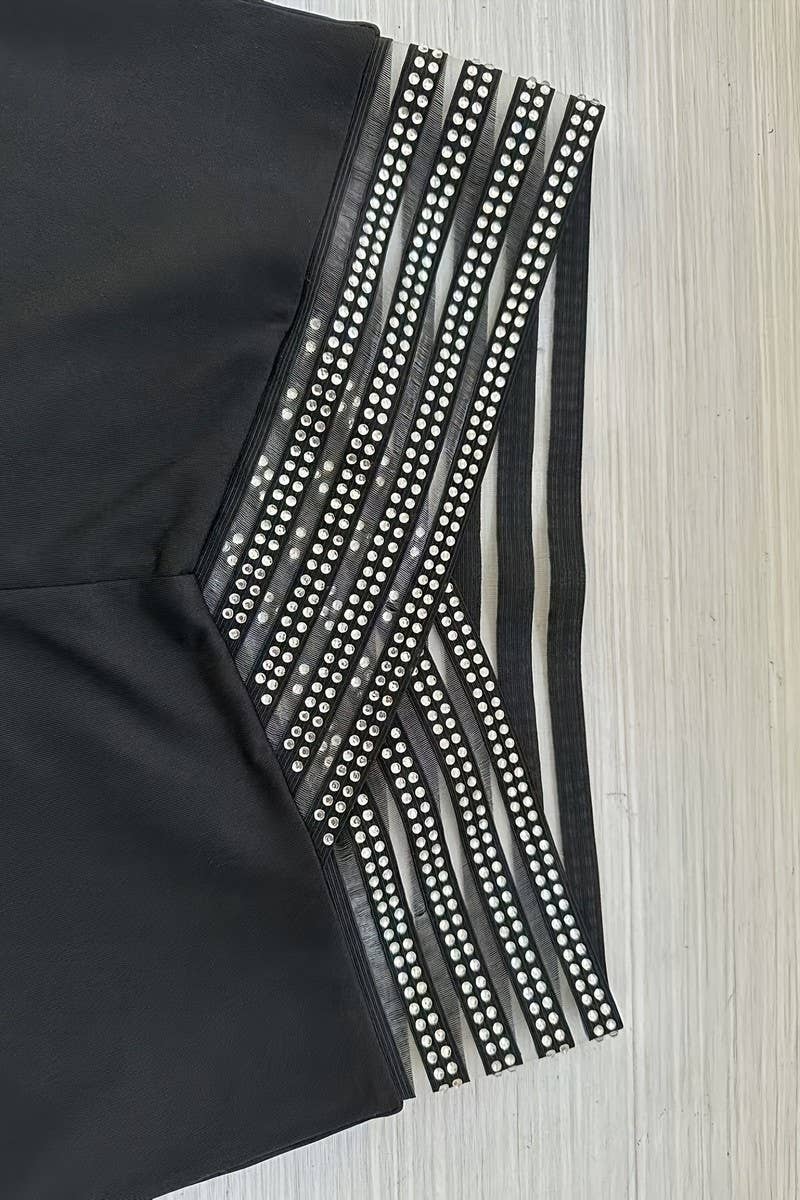 CWBLP1791_SOLID COLOR HOT DIAMOND HOLLOW BELT PENCIL PANTS