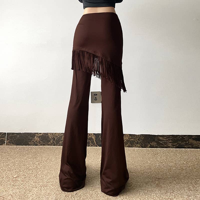 SOLID COLOR CASUAL BELL BOTTOMS WITH FRINGE DROP