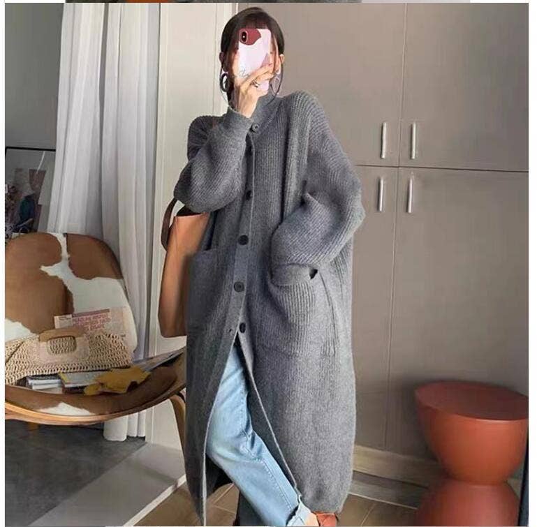 Single-breasted solid-color mid-length cardigan