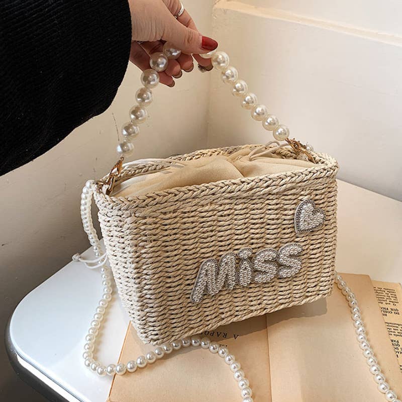 Single-shoulder pearl hand-held woven bag