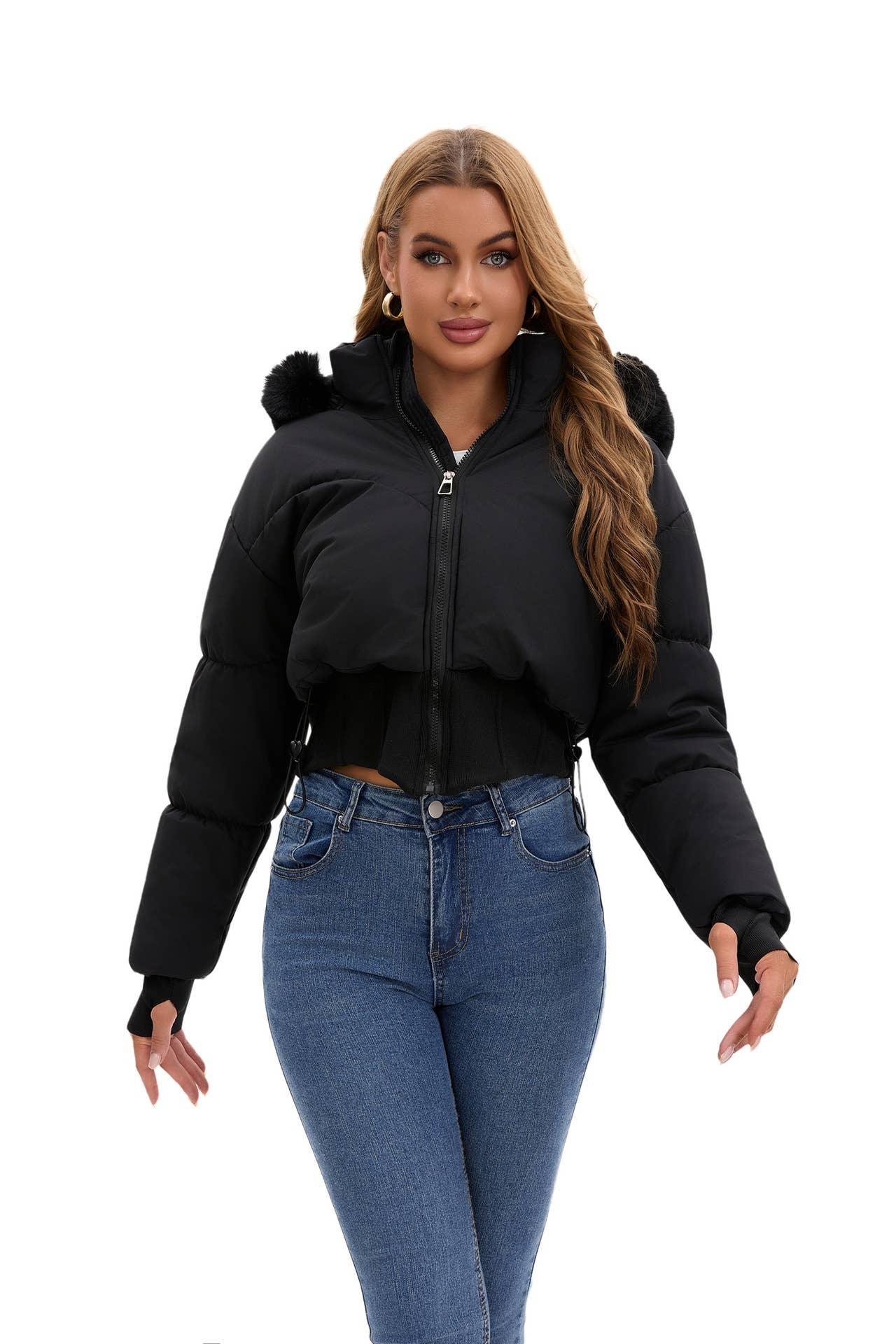 Thick cotton-padded jacket with a cinched waist