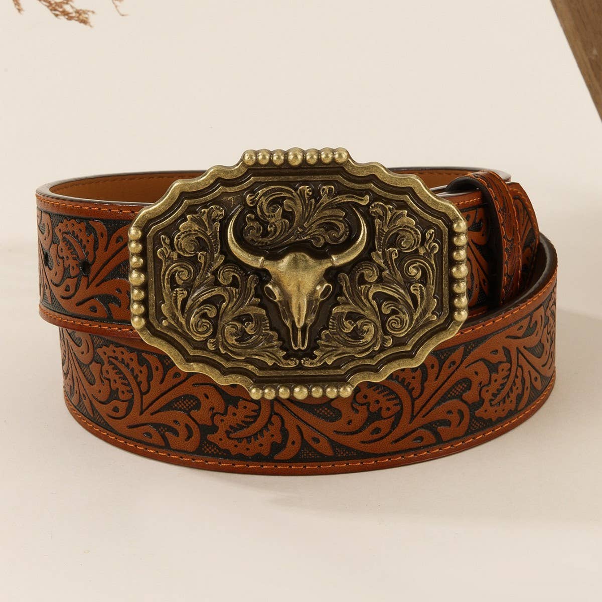BULL HEAD ALLOY BUCKLE PU BULL HEAD EMBOSSED BELT_CWMM3944