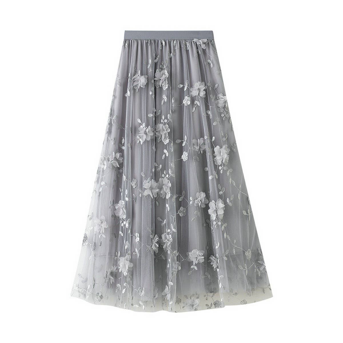 Embroidered Tulle A-Line Maxi Skirt Plus Size