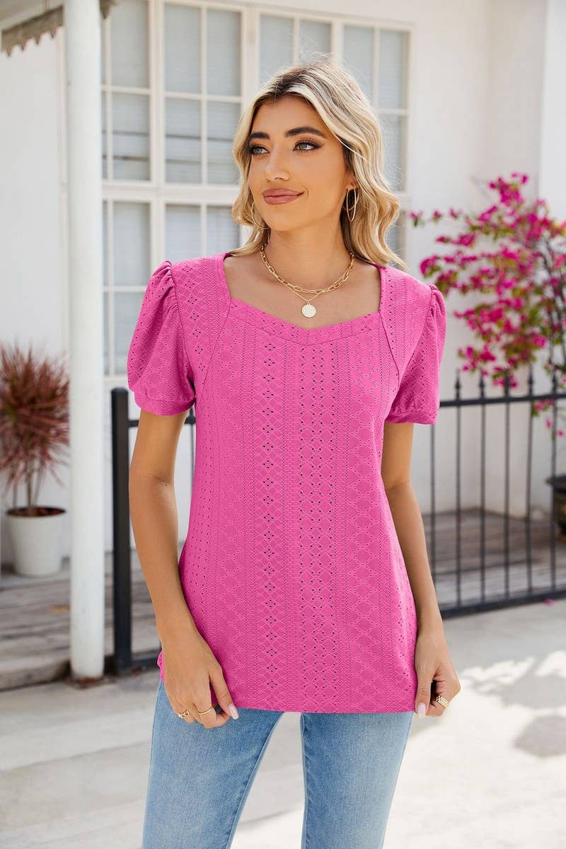 SQUARE COLLAR SPLICING SHORT SLEEVED TOP_CWTSTS0285