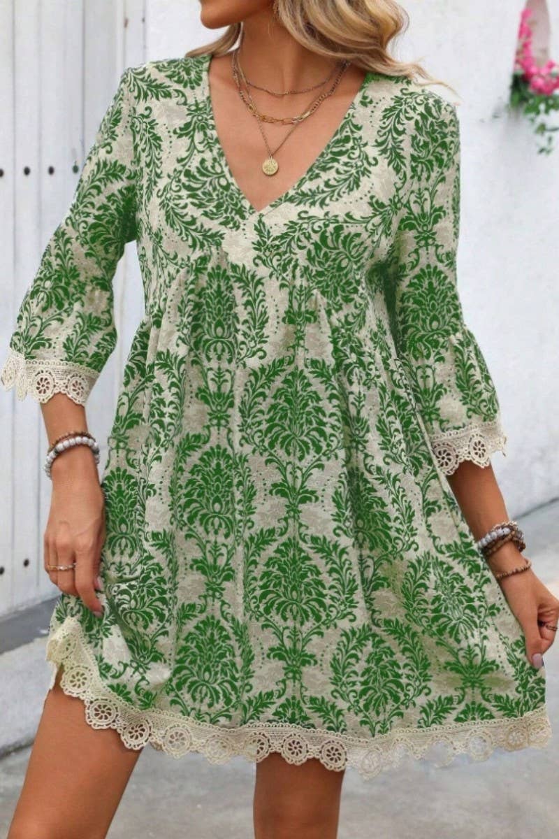 CWDSD8526_FLORAL PRINT V-NECK LACE TRIM 3/4 SLEEVE DRESS