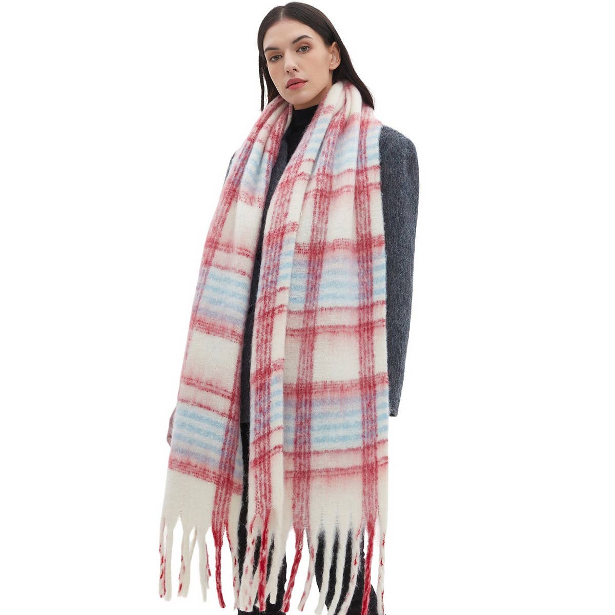 Round yarn tassel plaid scarf shawl fall & winter