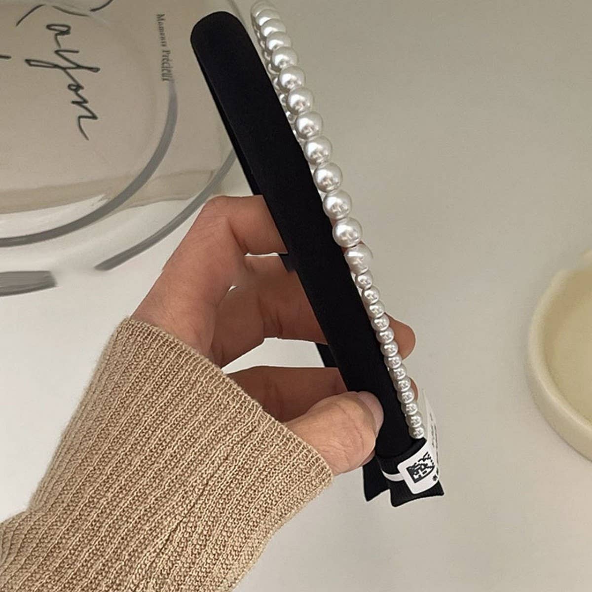 SATIN PEARL DOUBLE LAYER HEADBAND_CWAHA0437