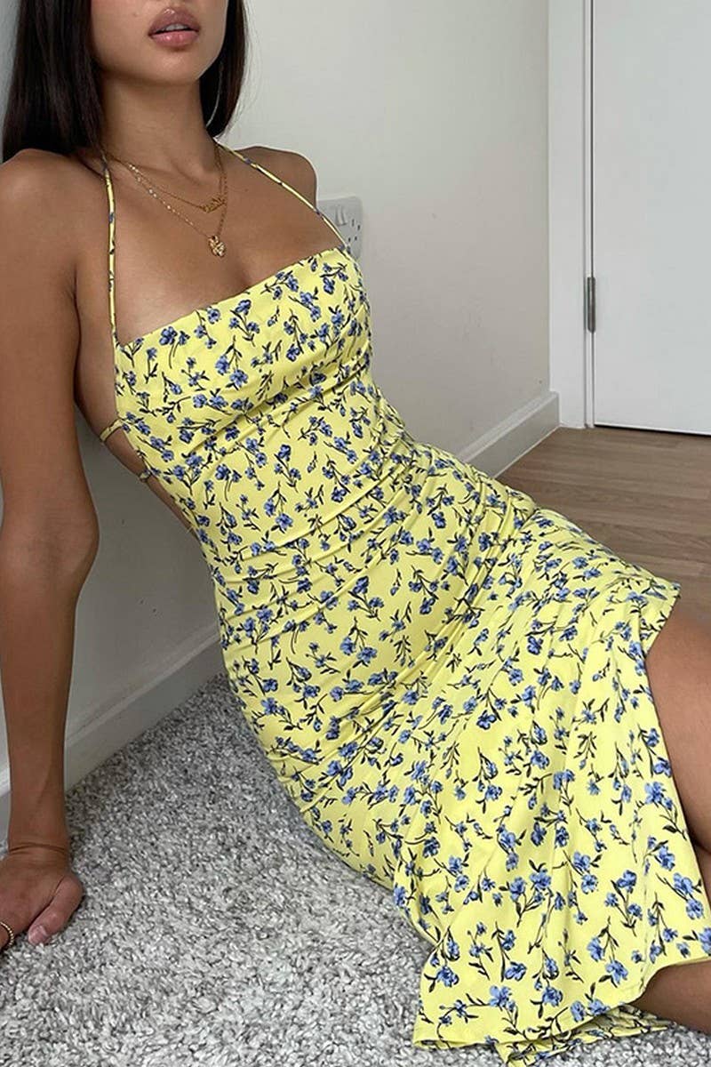 CWDHL0631_FLORAL SUSPENDER SKIRT SLIT BACKLESS SEXY DRESS