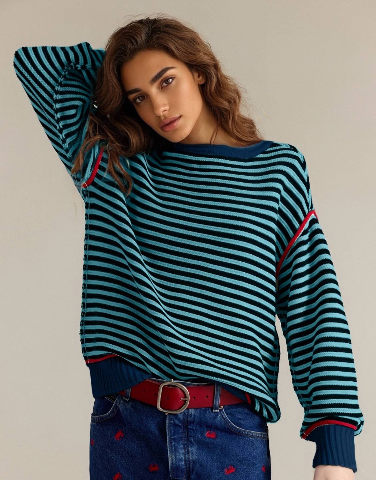 Striped round-neck loose long-sleeved sweater