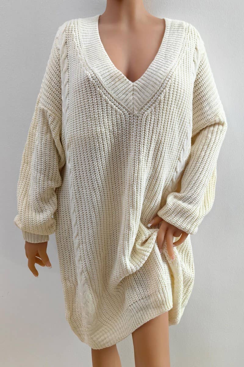 CWOSWL07399_PLUS SIZE DEEP V NECK KNIT SWEATER DRESS