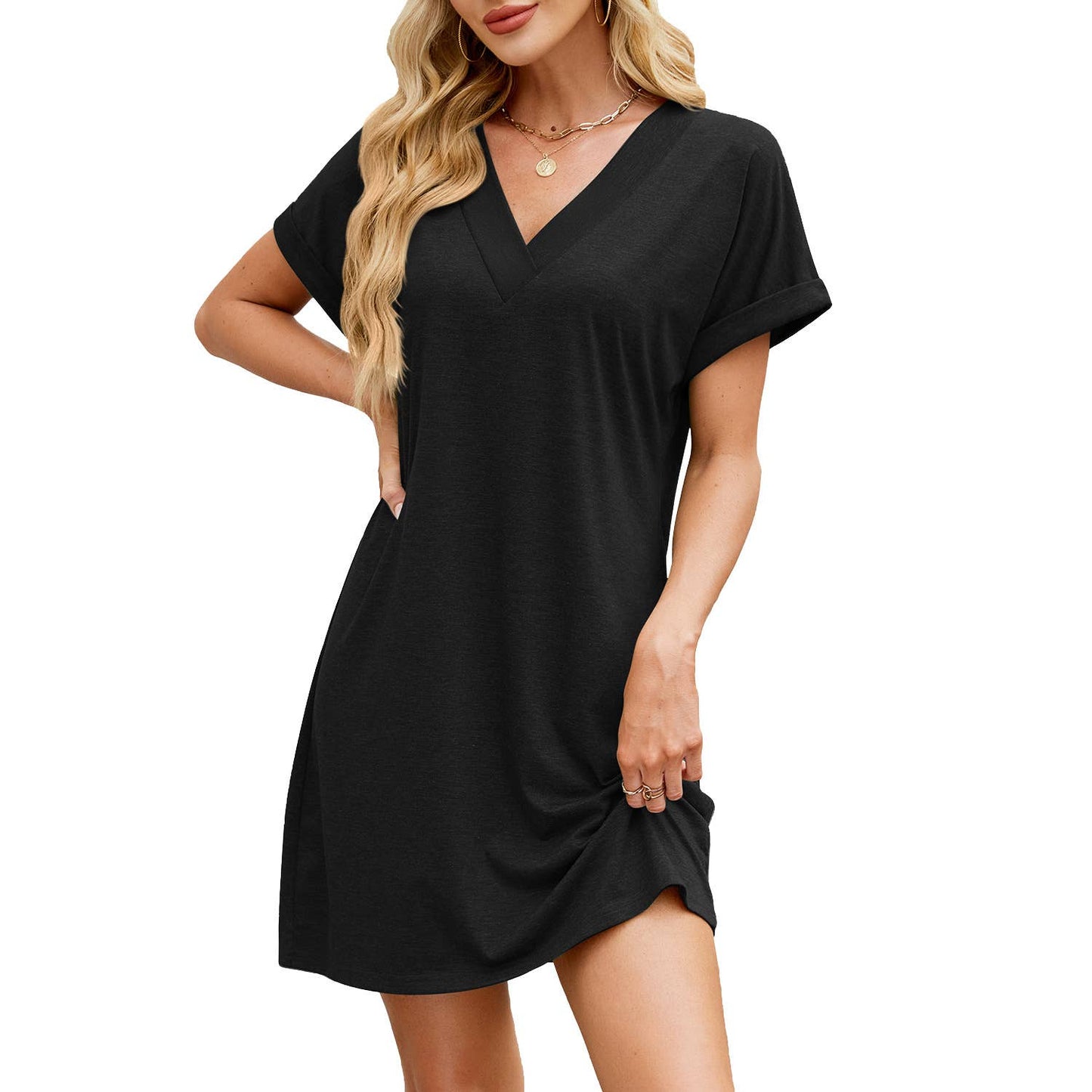 Solid color V-neck short-sleeved casual dress