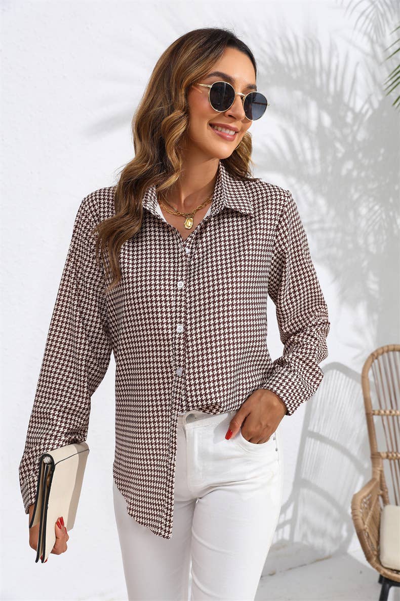 Lapel checked loose casual long-sleeved shirt