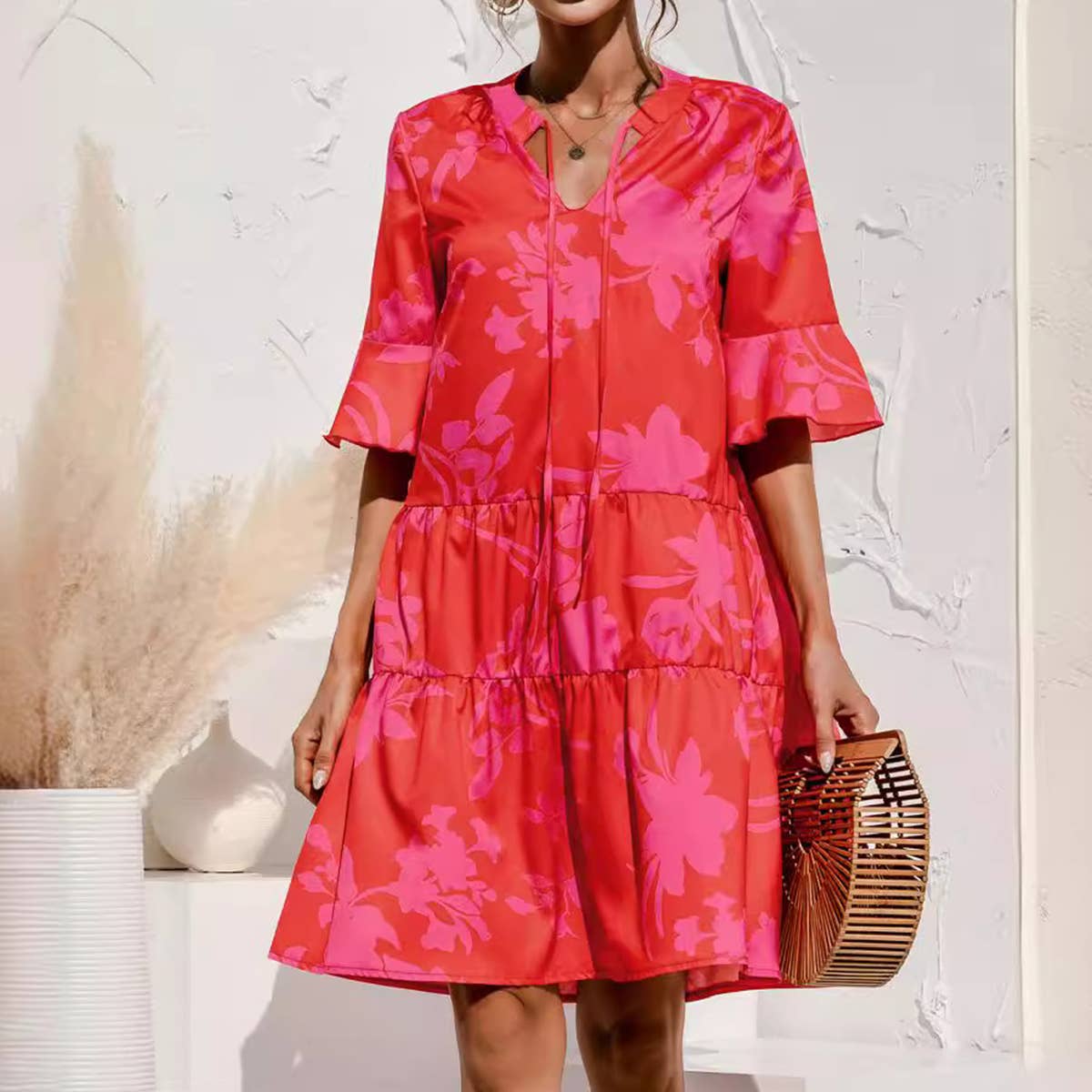 V NECK FLARED SLEEVE PATCHWORK DRESS_CWDSD2463