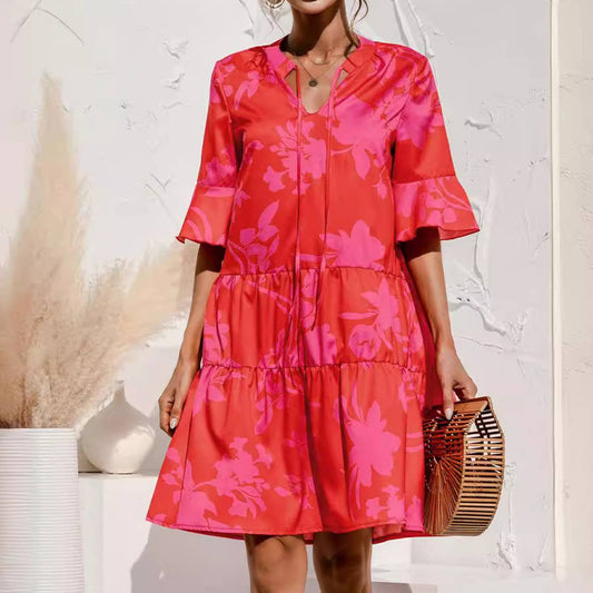 V NECK FLARED SLEEVE PATCHWORK DRESS_CWDSD2463