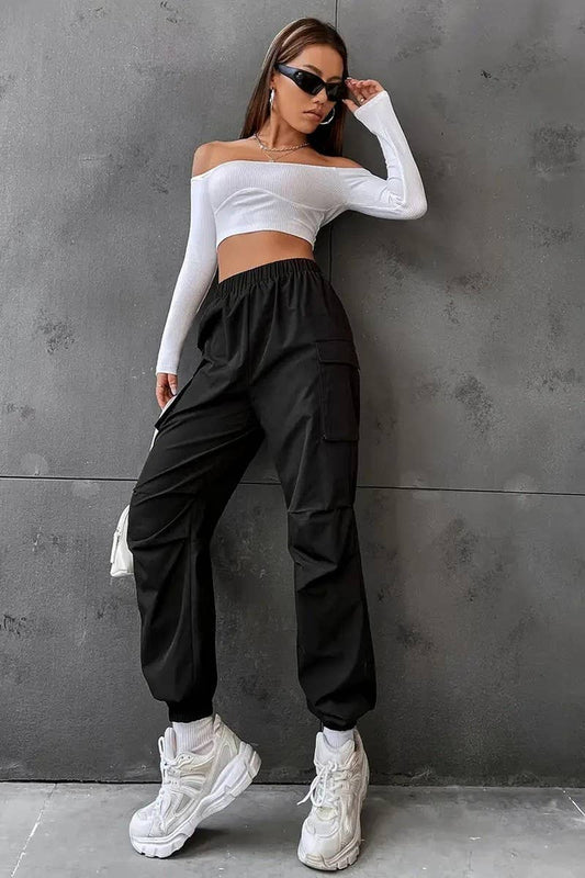 CWBLP2077_ELASTIC WAIST DRAWSTRING STRAIGHT JOGGER PANTS