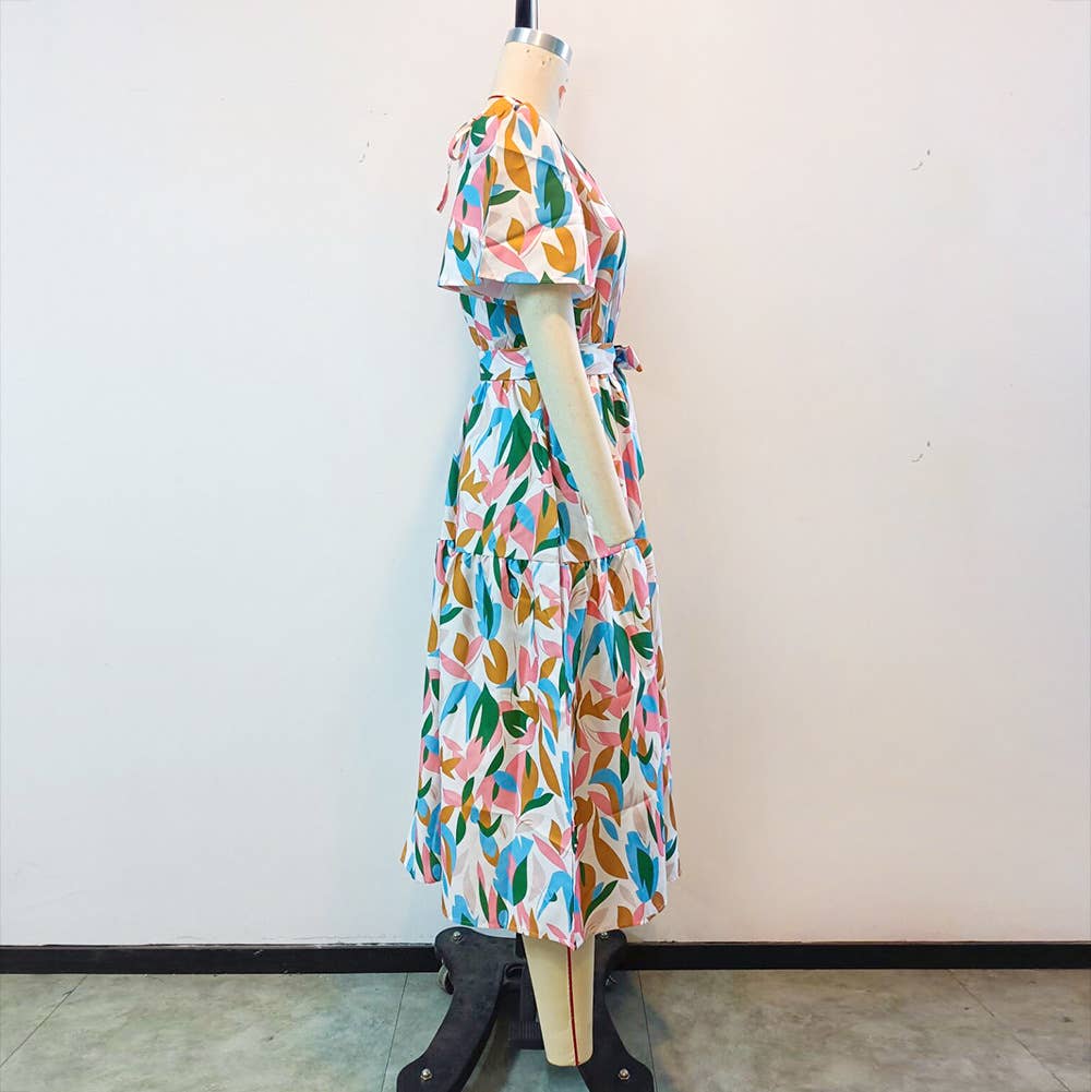 V-Neck Puff Sleeve Tie Waist Maxi Dress