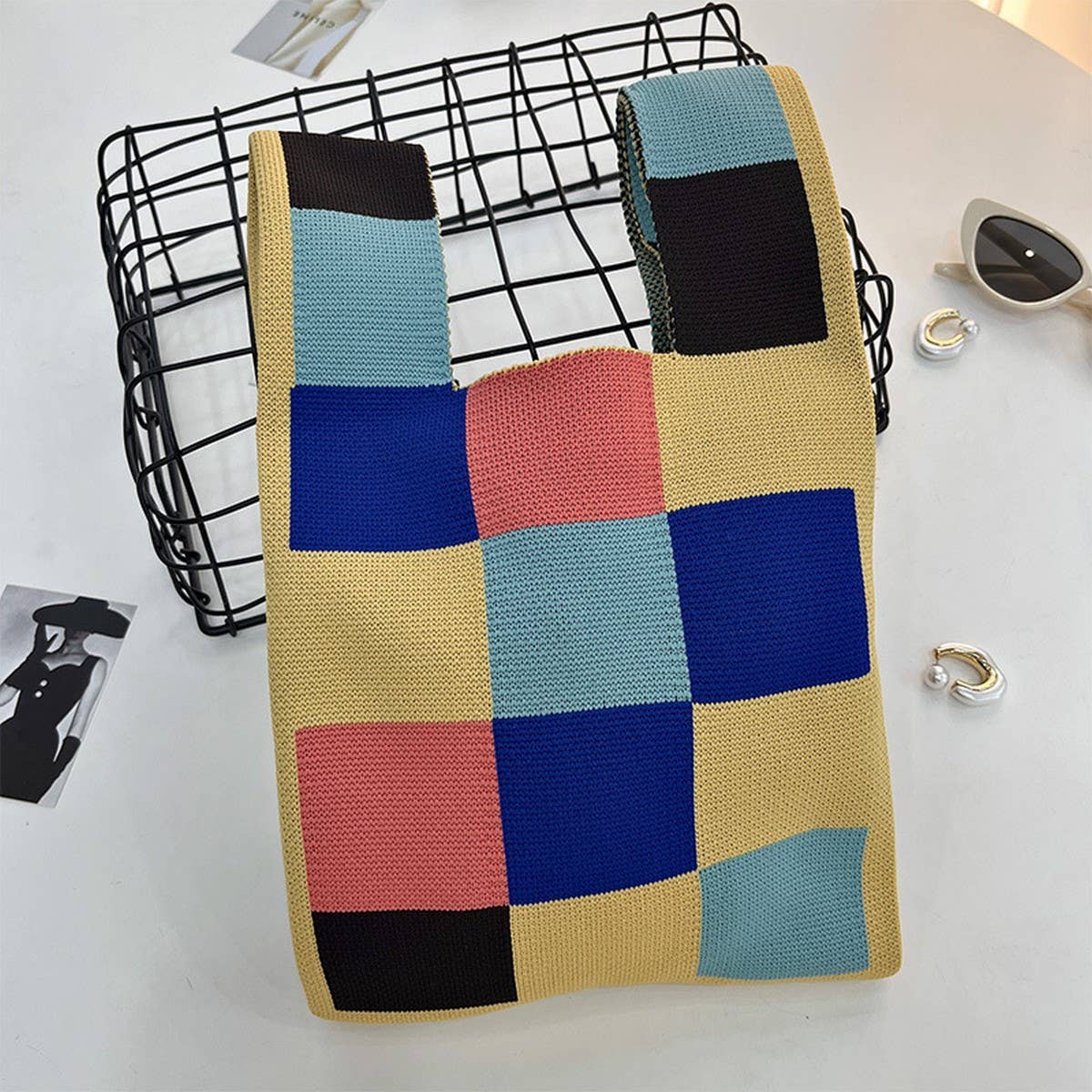 CUAB00622_CHECKERED KNIT SHOULDER BAG WOMEN WOVEN PURSE