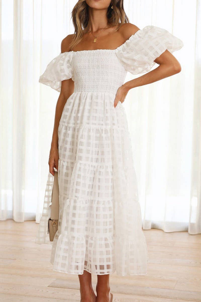 CWDMD5648_OFF SHOULDER LANTERN SLEEVE TIERED RUFFLE DRESS