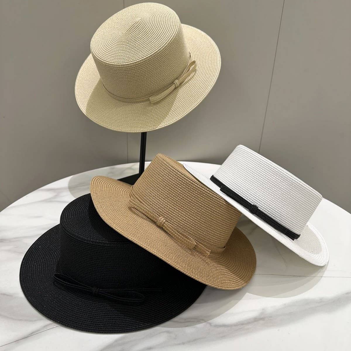 Solid color simple bow flat top straw hat_CWAH3598