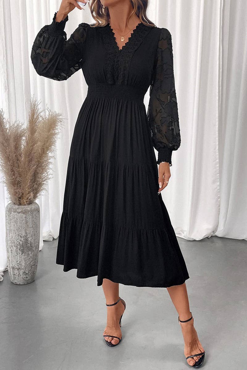 CWDMD01040_V NECK WAIST LACE LONG SLEEVE SOLID DRESS