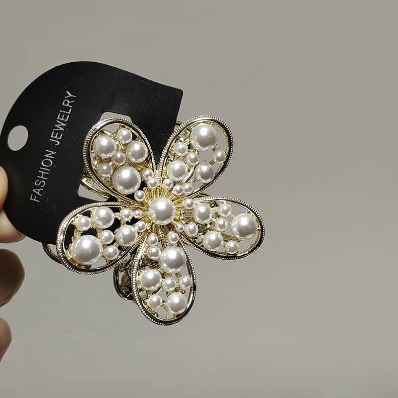 PEARL FLOWER METAL GOLD HAIR CLAW CLIP_CWAHA0620