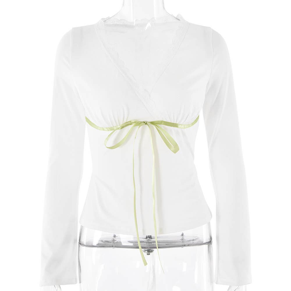 V-neck lace-trimmed bow sexy slimming T-shirt