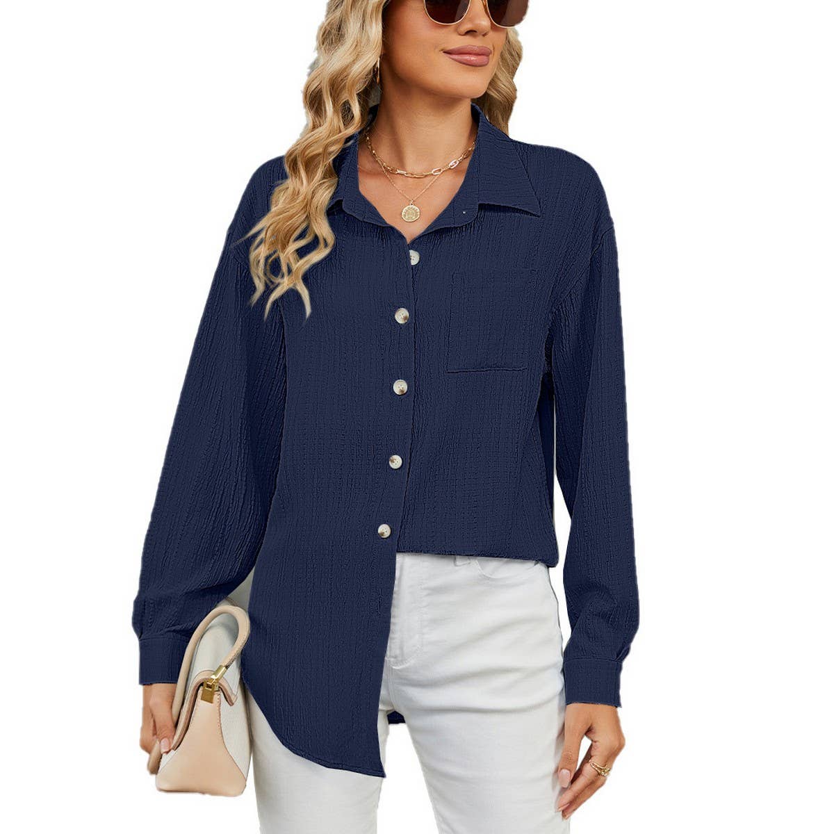 Long sleeve lapel button solid color shirt