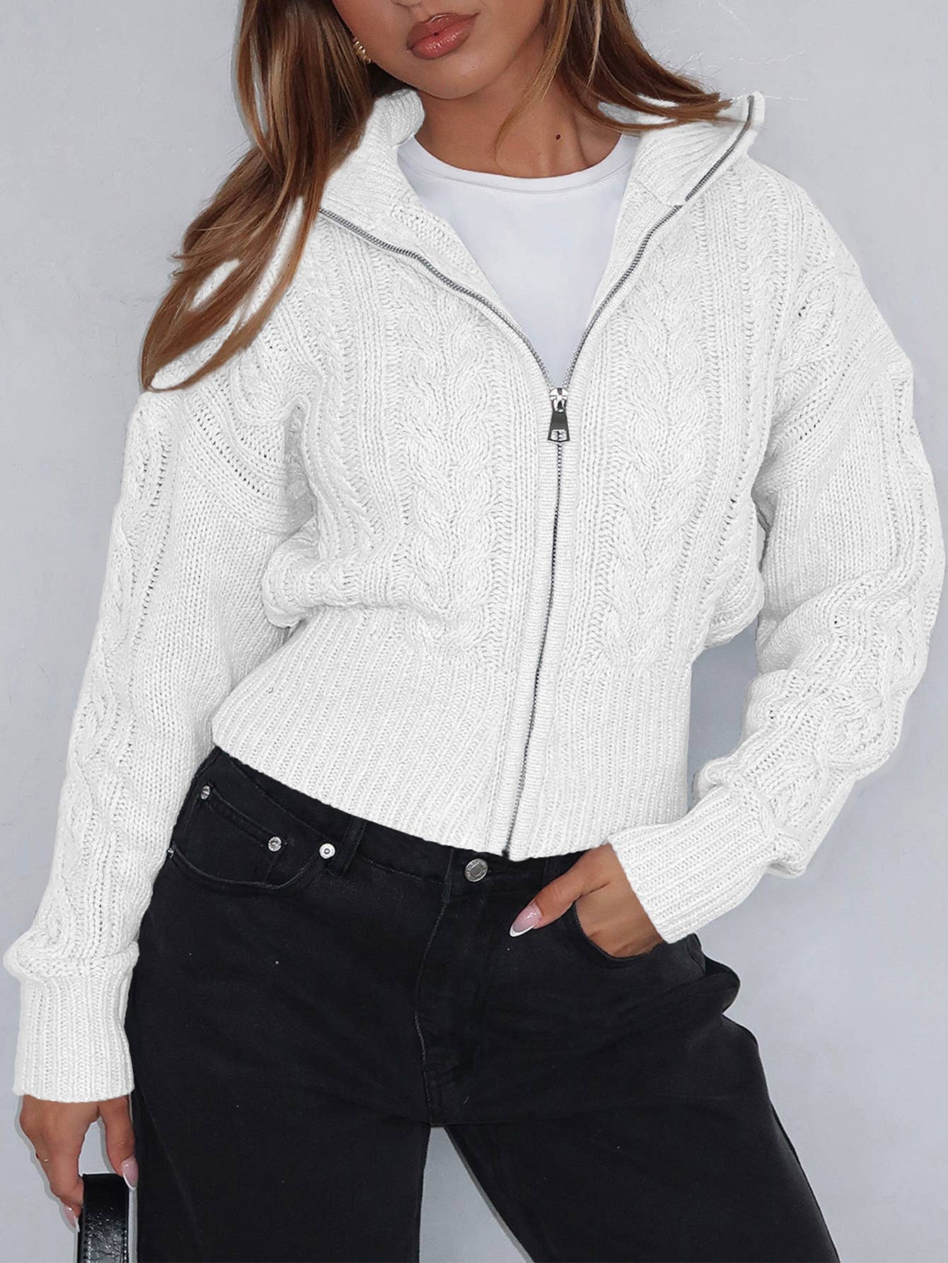 Simple zipper solid-color short knitted cardigan