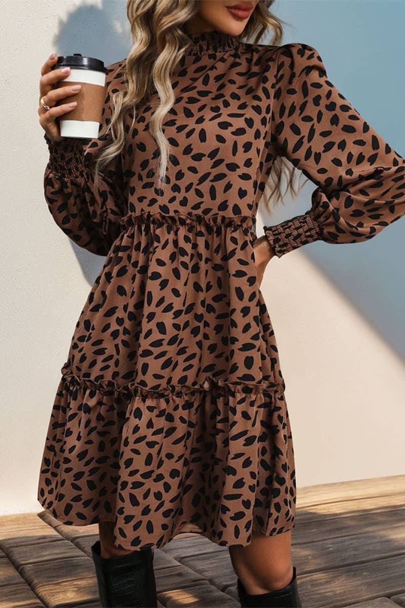 CWDSD6519_CHOKER LONG SLEEVE LEOPARD PRINT WAIST DRESS