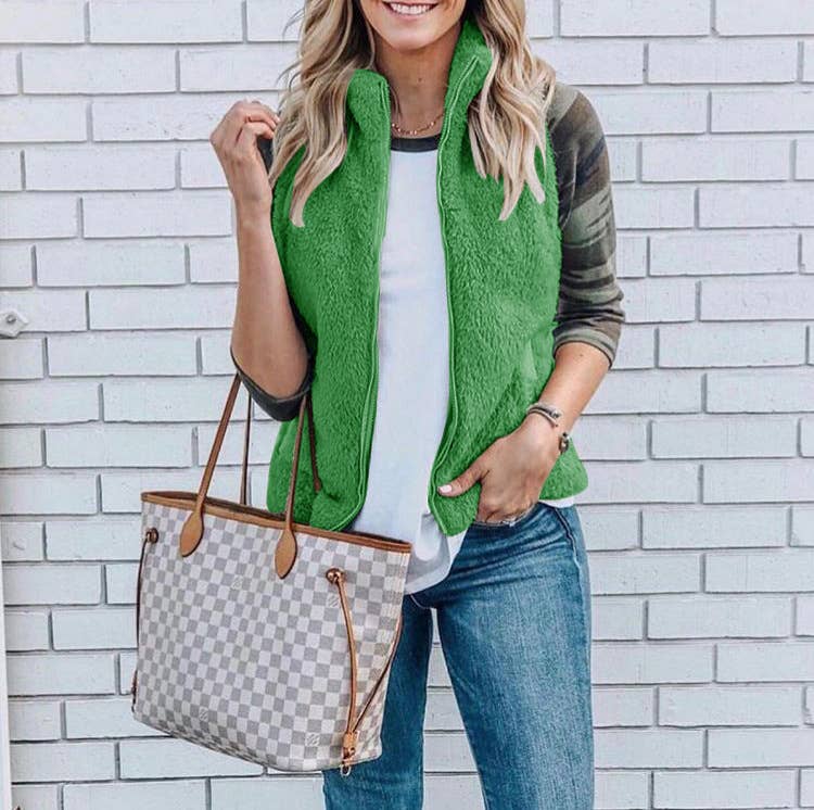 SOLID COLOR FLEECE VEST CARDIGAN ZIPPER COAT