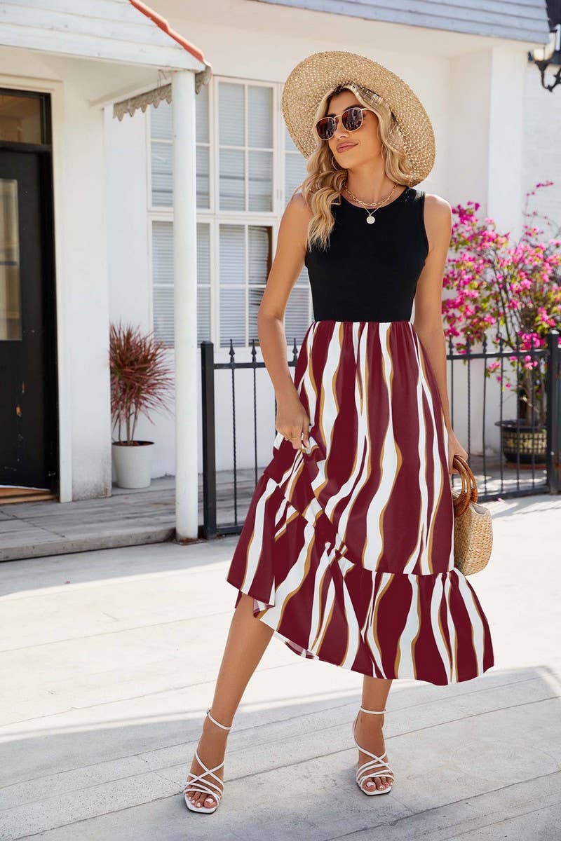 CWDMD1393_Round Neck Sleeveless Contrast Dress