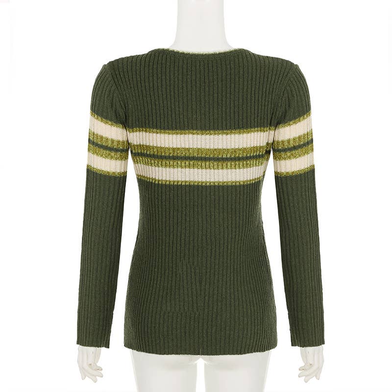 VINTAGE PREPPY V-NECK STRIPED WOOLEN BLOUSE