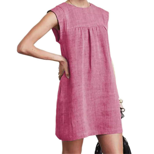 Loose solid color cotton and linen short dress